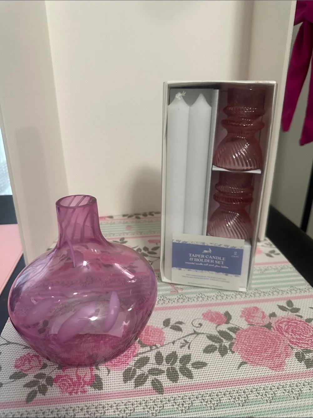 Pink Glass Vase and Candle Holder Set - NWT
